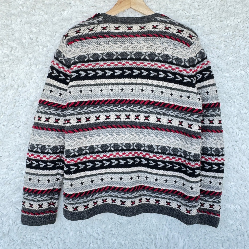 Talbots Small Hand Knit Wool Fair Isle Cardigan Sweater Gray Red Grannycore VTG - Picture 2 of 8